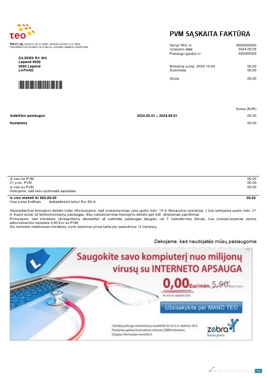 Download Lithuania Teo business utility bill template in Word and PDF formats Photoshop template